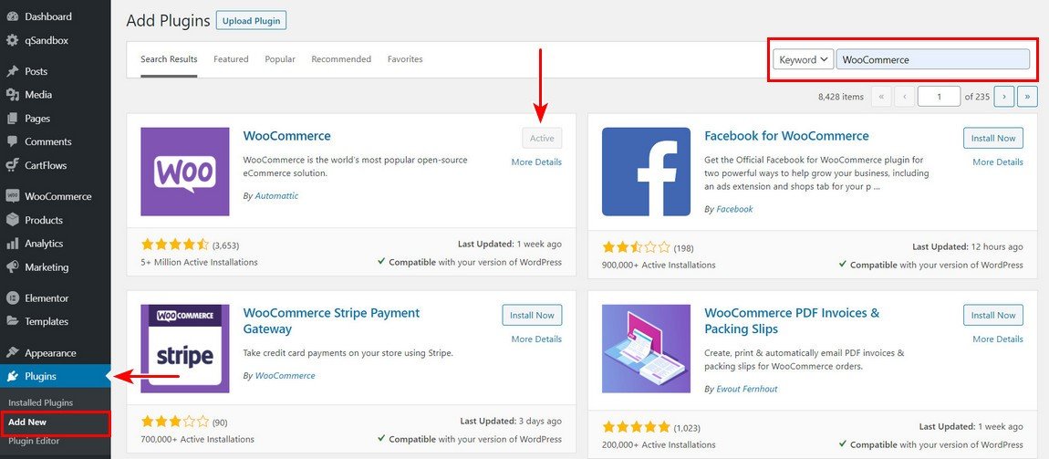 Instale o WooCommerce via WordPress Dashboard